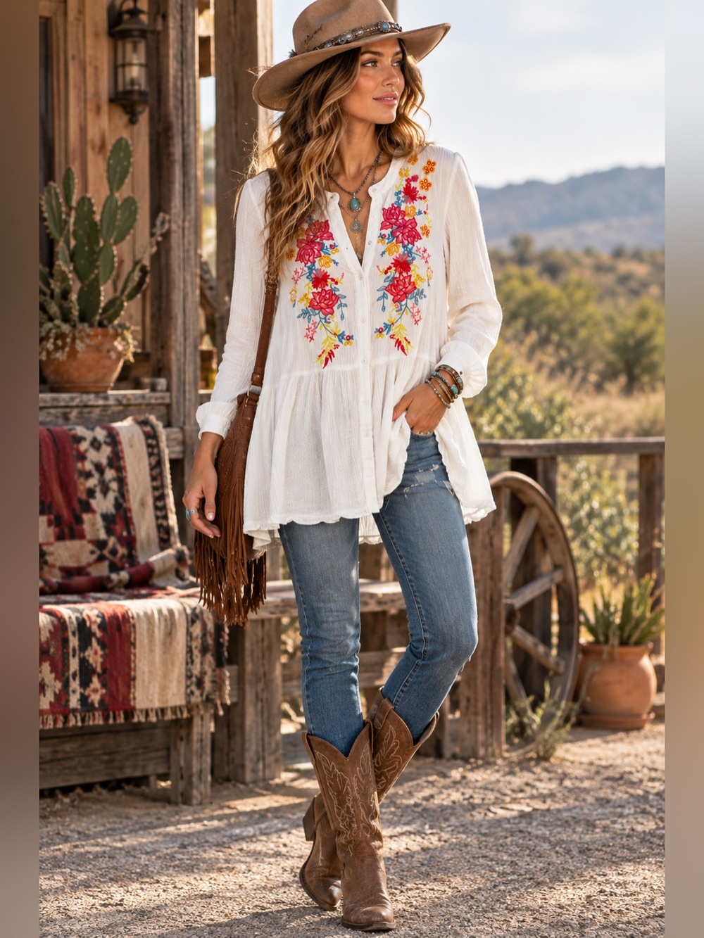 Andree by Unit Sz L Floral Embroidered Boho Western Gauze Tunic Top V-Neck Flowy
